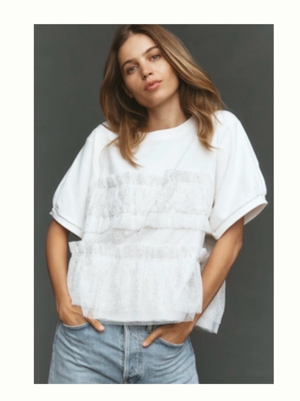 Maeve White Short Sleeve Tulle Ruffle Sweatshirt